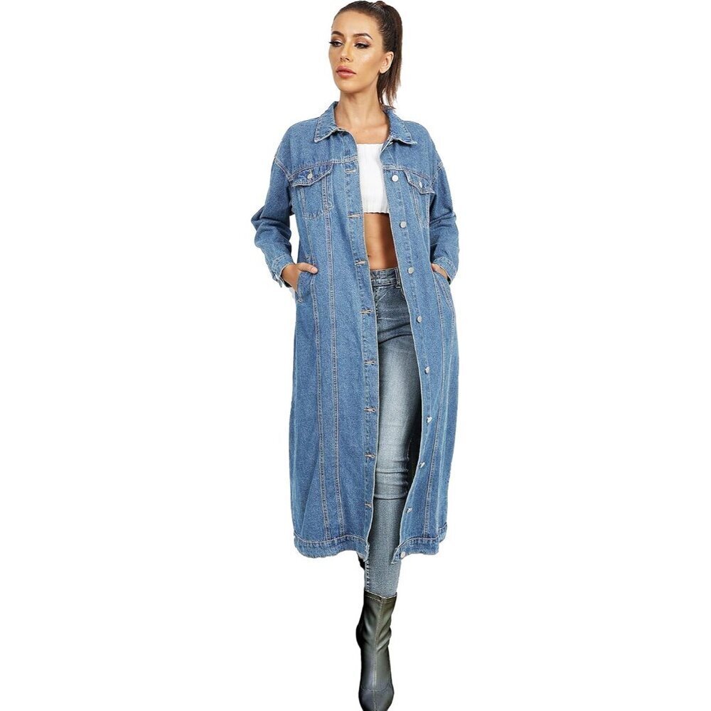 Plus Size Denim Trench Coat Women's Long Sleeve Button-Down Overknee - Picture 3 of 6